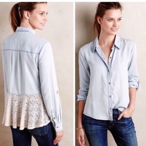 Anthropologie Holding Horses Chambray Lace Button Up Shirt XS Western Boho